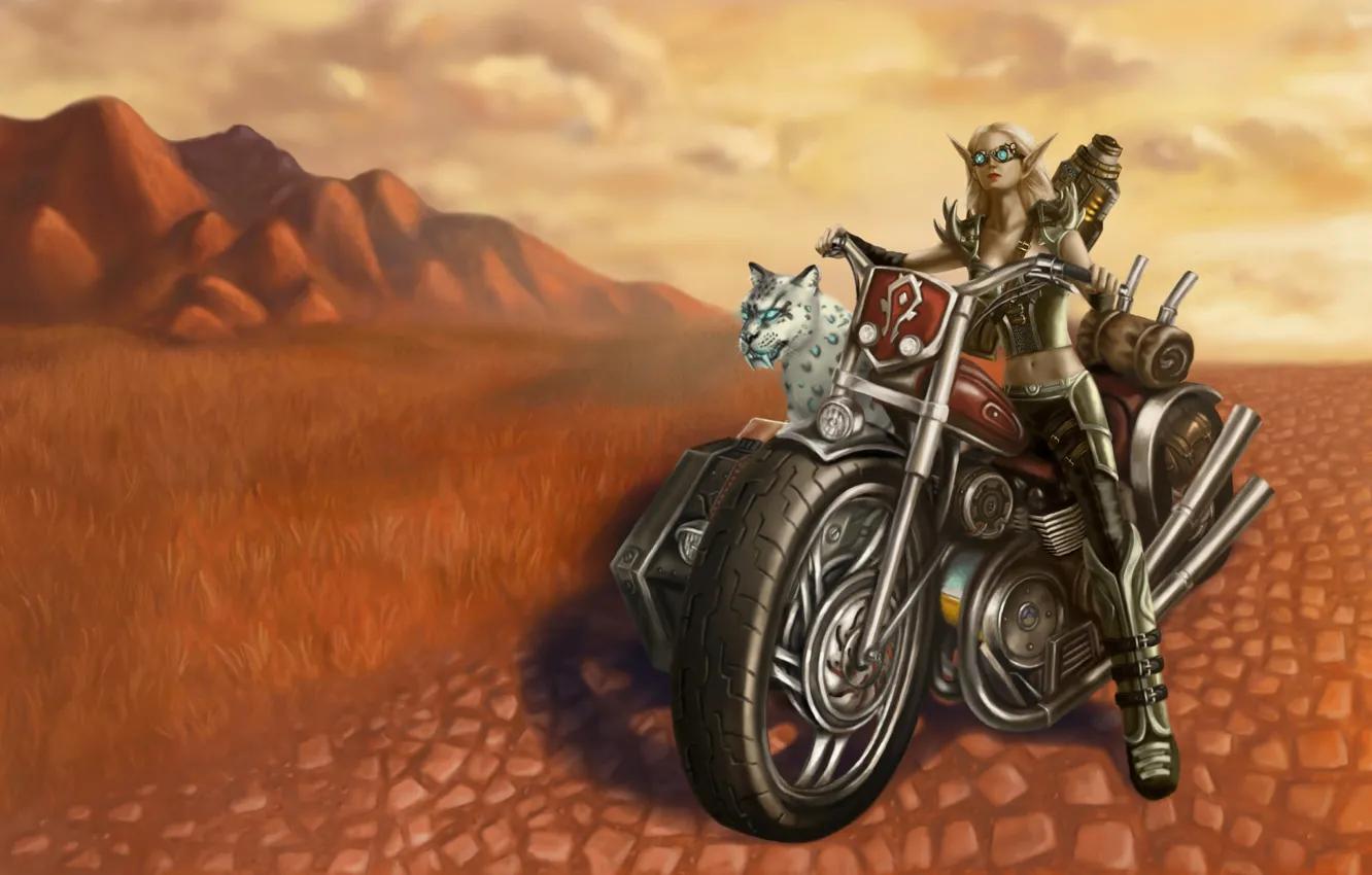 Фото обои девушка, животное, фэнтези, мотоцикл, эльфийка