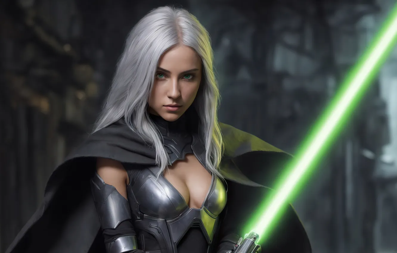 Фото обои green, girl, green eyes, art, Jedi, digital art, lightsaber, fantasy art
