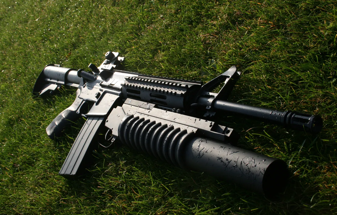 Фото обои трава, оружие, гранатомет, винтовка, M16, штурмовая, M203, подствольный