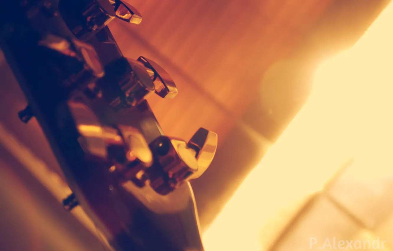Фото обои макро, гитара, колки, гриф, Музыкальный инструмент