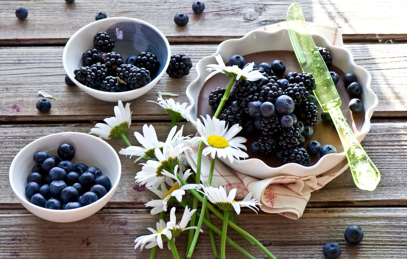 Фото обои цветы, ягоды, ромашки, пирог, нож, ежевика, голубика