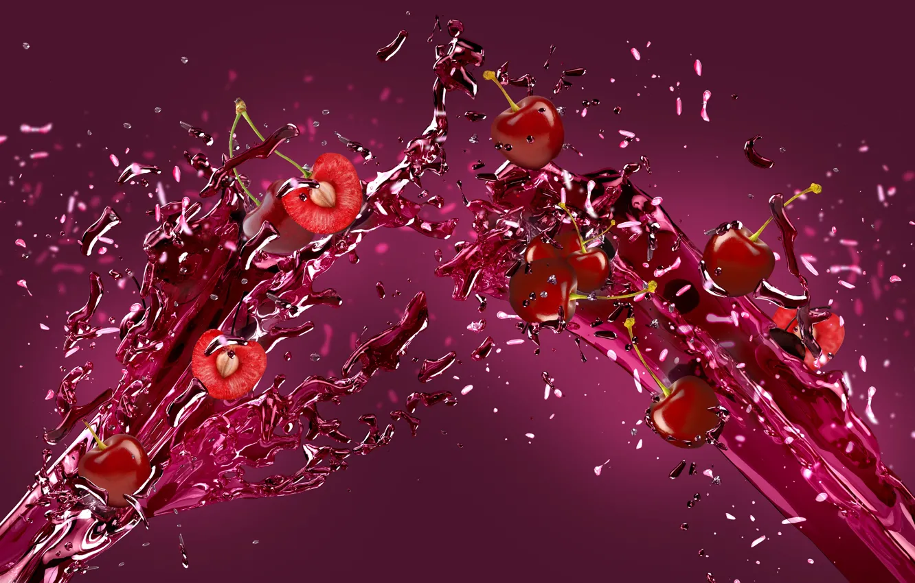 Фото обои брызги, вишня, ягоды, всплеск, сок