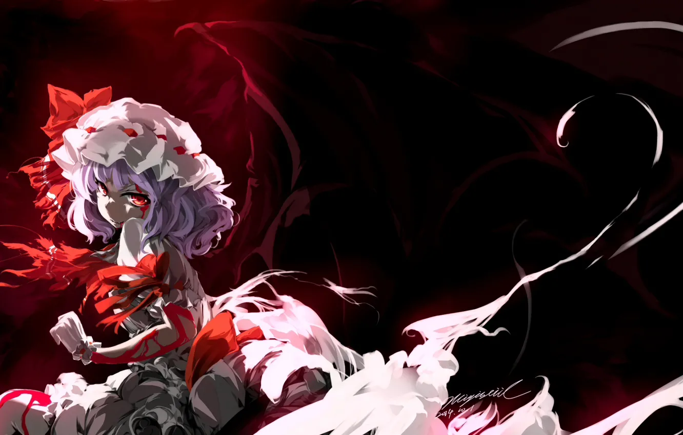 Фото обои тьма, кровь, красные глаза, art, вампирша, черные крылья, Touhou Project, Remilia Scarlet