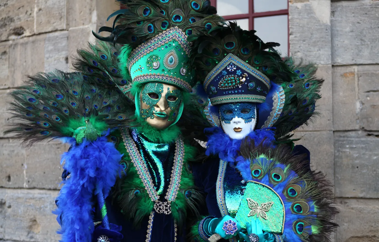 Фото обои перья, маска, веер, костюм, Венеция, павлин, карнавал