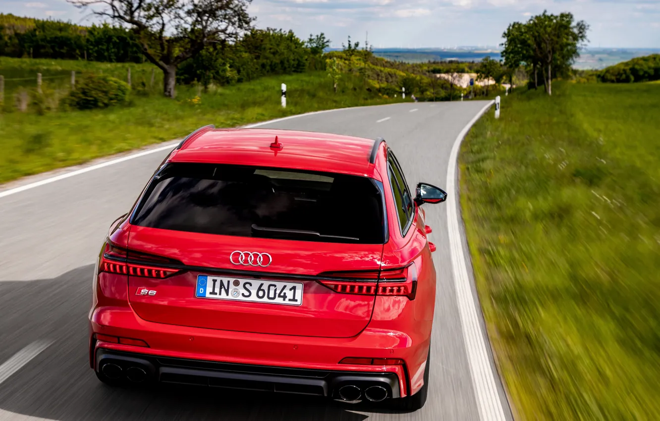 Фото обои дорога, красный, Audi, универсал, корма, 2019, A6 Avant, S6 Avant