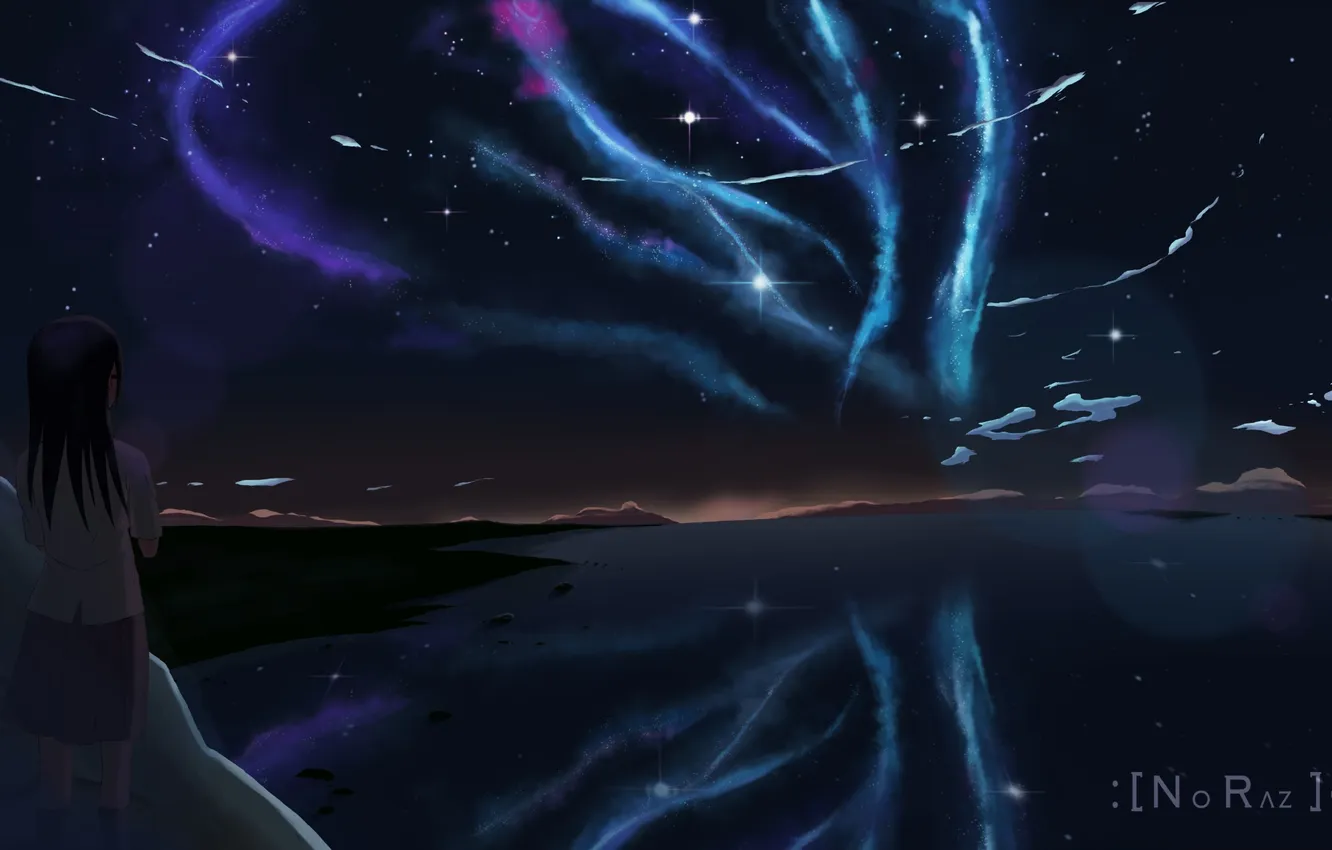 Фото обои небо, девушка, звезды, облака, ночь, природа, северное сияние, аниме