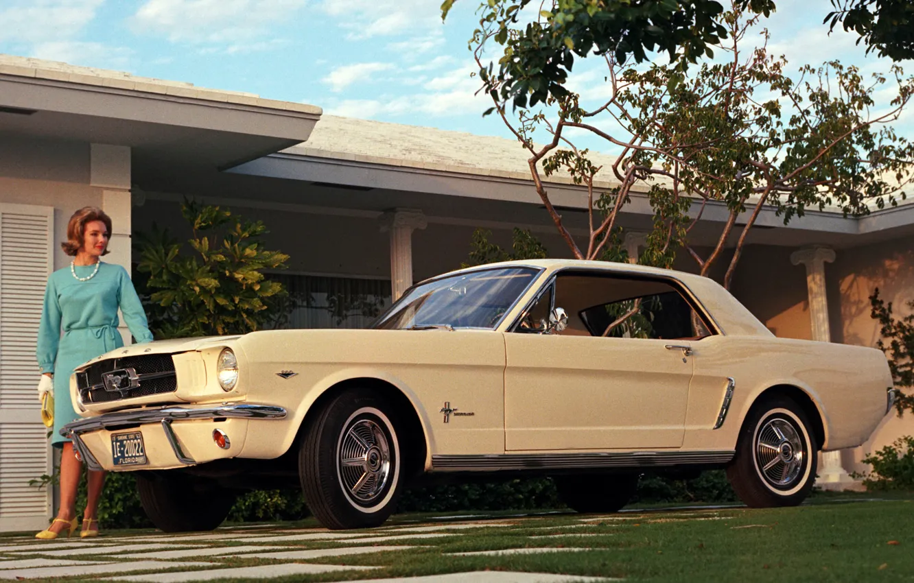 Фото обои купе, Mustang, Ford, мустанг, кремовый, мускул кар, форд, woman