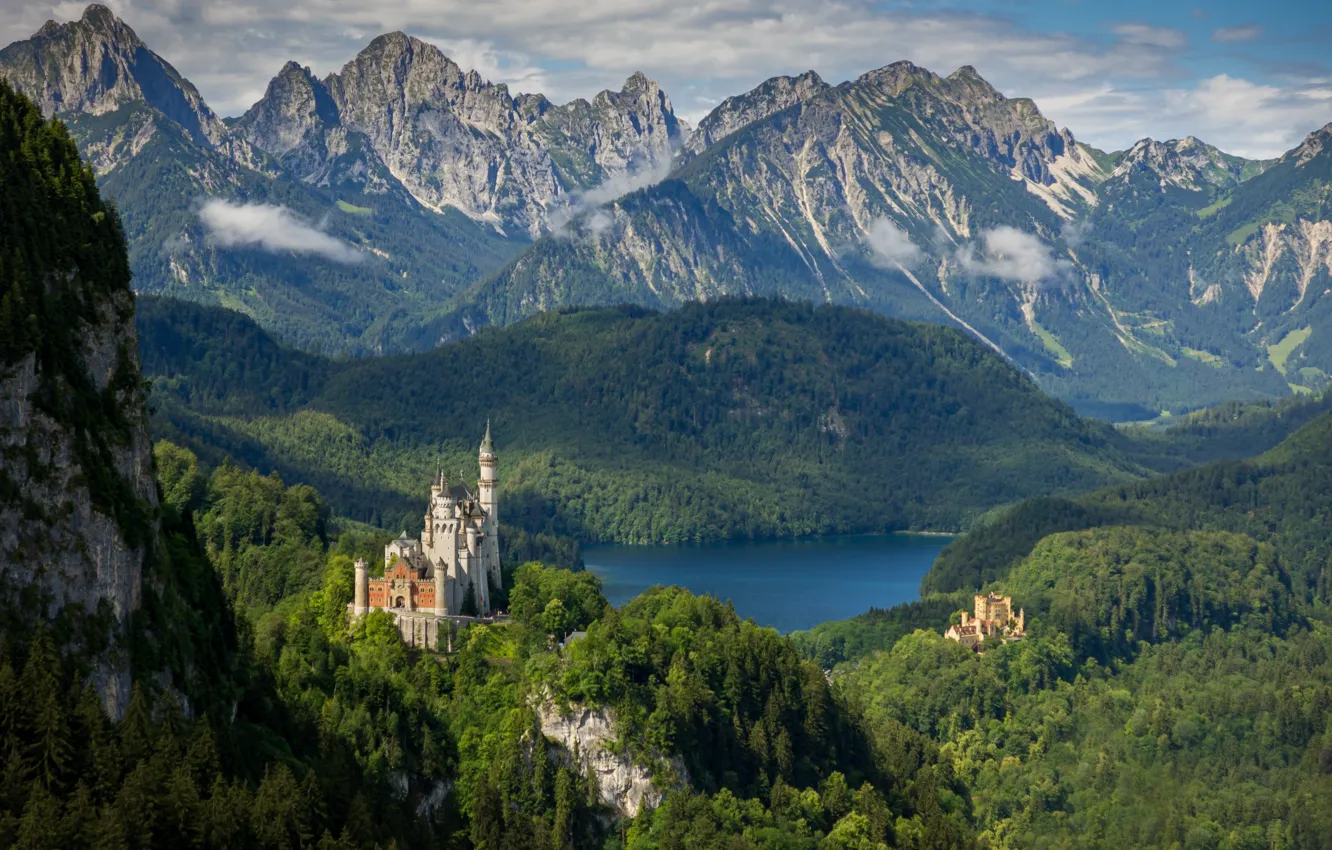 Фото обои пейзаж, горы, природа, озеро, замок, Германия, Бавария, леса
