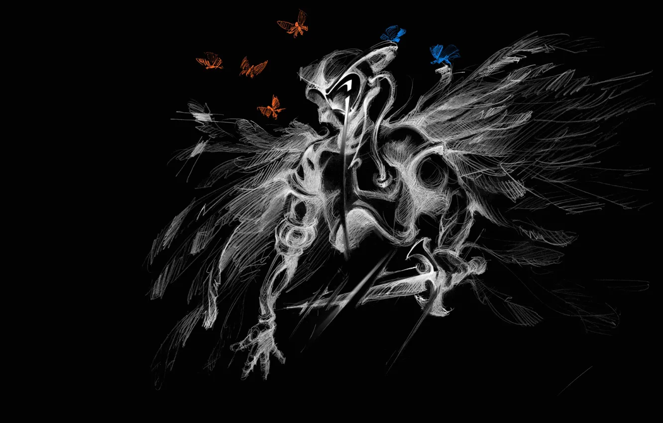 Фото обои бабочки, бабочка, рисунок, графика, крылья, воин, фэнтези, фэнтази