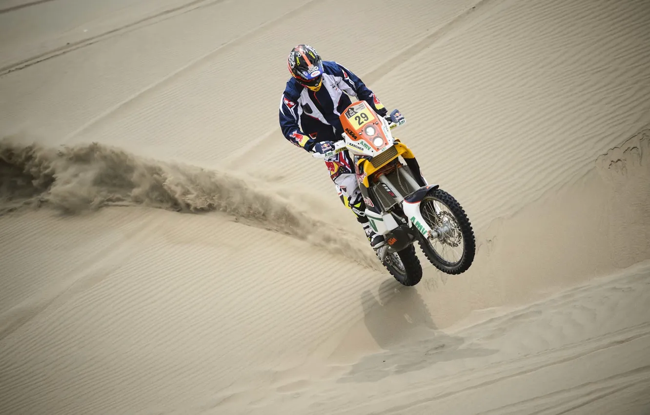 Фото обои Песок, Гонка, Мотоцикл, Гонщик, Rally, Dakar