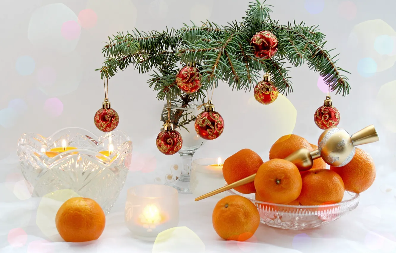 Фото обои ветки, стол, праздник, елка, новый год, посуда, фрукты, happy new year