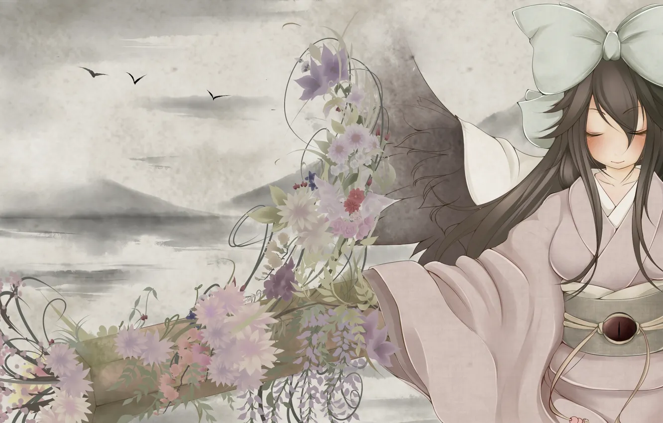 Фото обои небо, цветы, кимоно, бант, reiuji utsuho