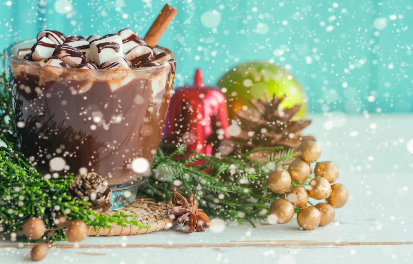 Фото обои снег, Новый Год, Рождество, Christmas, wood, snow, New Year, какао