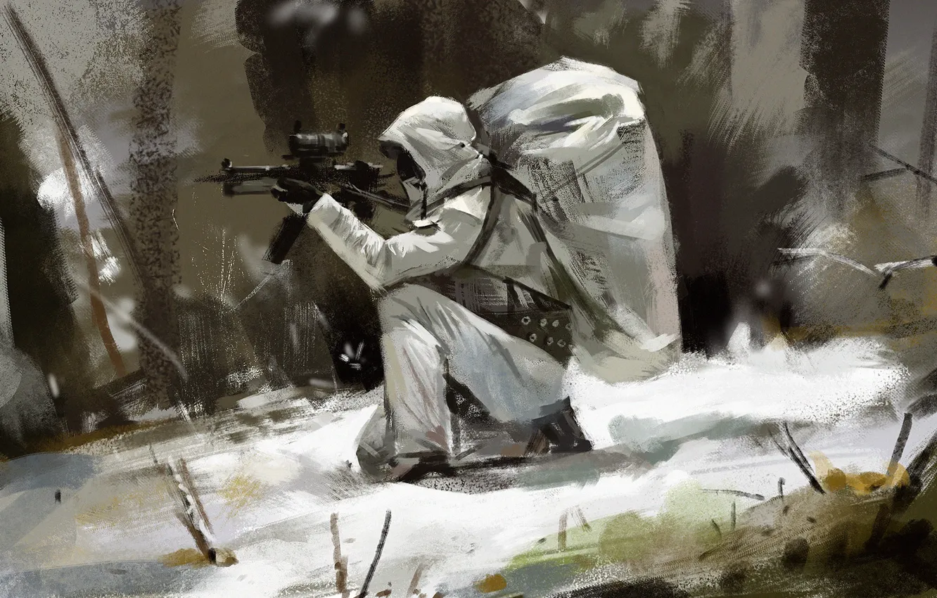 Фото обои зима, снег, солдат, автомат, капюшон, камуфляж