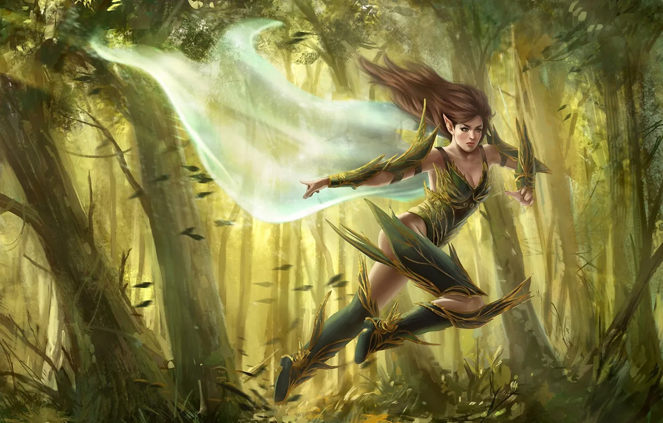 Фото обои лес, девушка, ветер, фэнтези, арт, бег, эльфийка