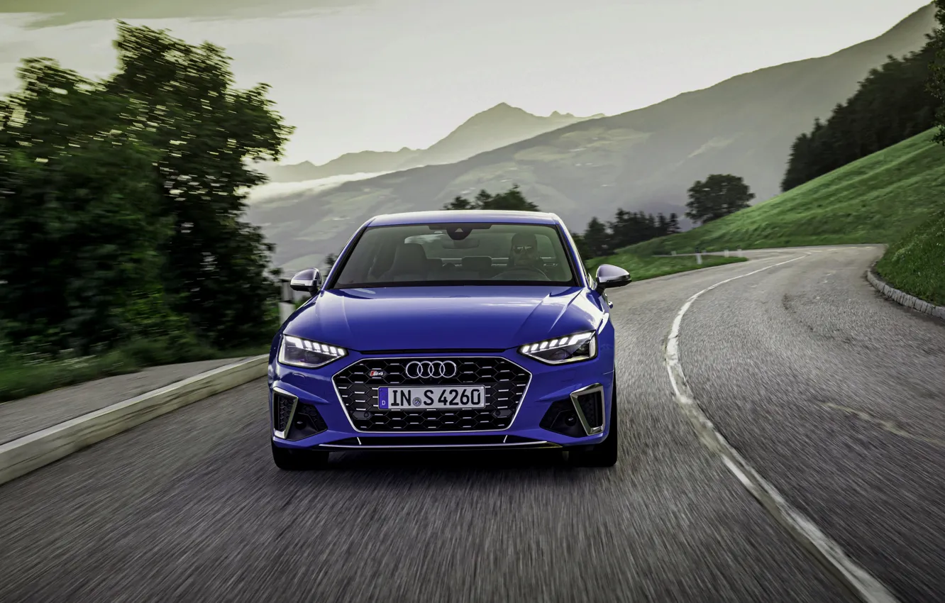 Фото обои синий, Audi, седан, спереди, Audi A4, Audi S4, 2019