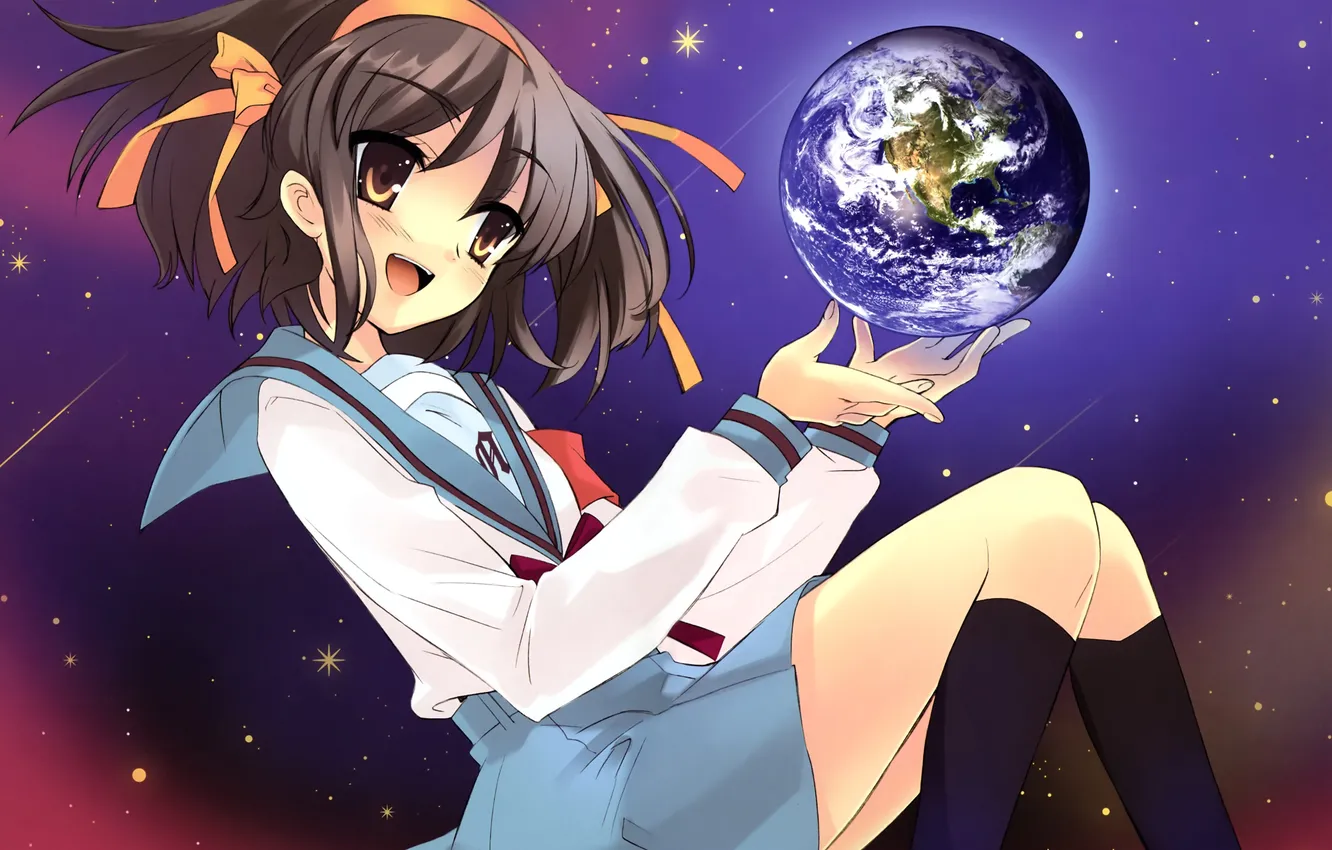 Фото обои девушка, земля, планета, аниме, арт, форма, школьница, The Melancholy of Haruhi Suzumiya