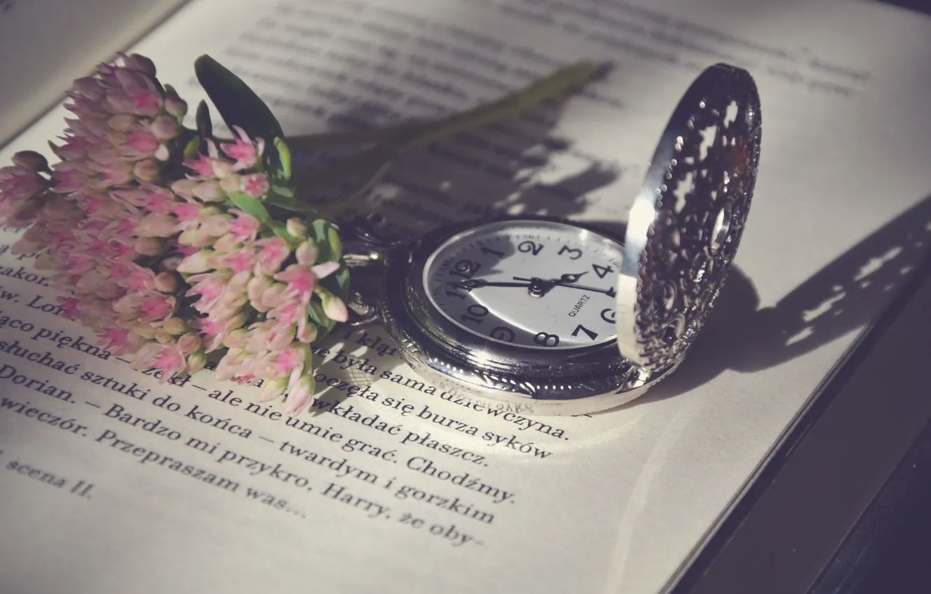 Фото обои цветы, текст, буквы, часы, книга, страницы