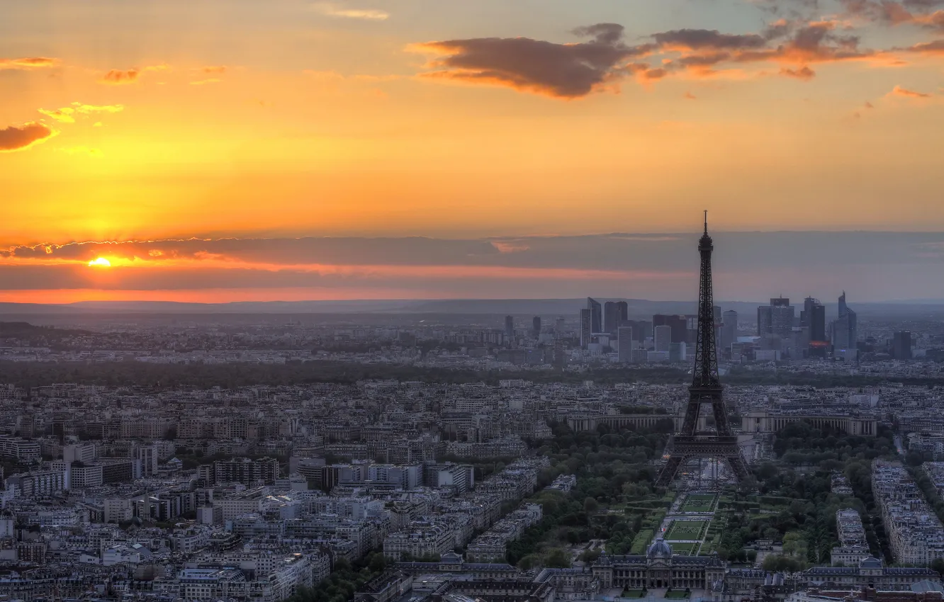 Фото обои закат, Франция, Париж, панорама, Эйфелева башня, Paris, France, Eiffel Tower