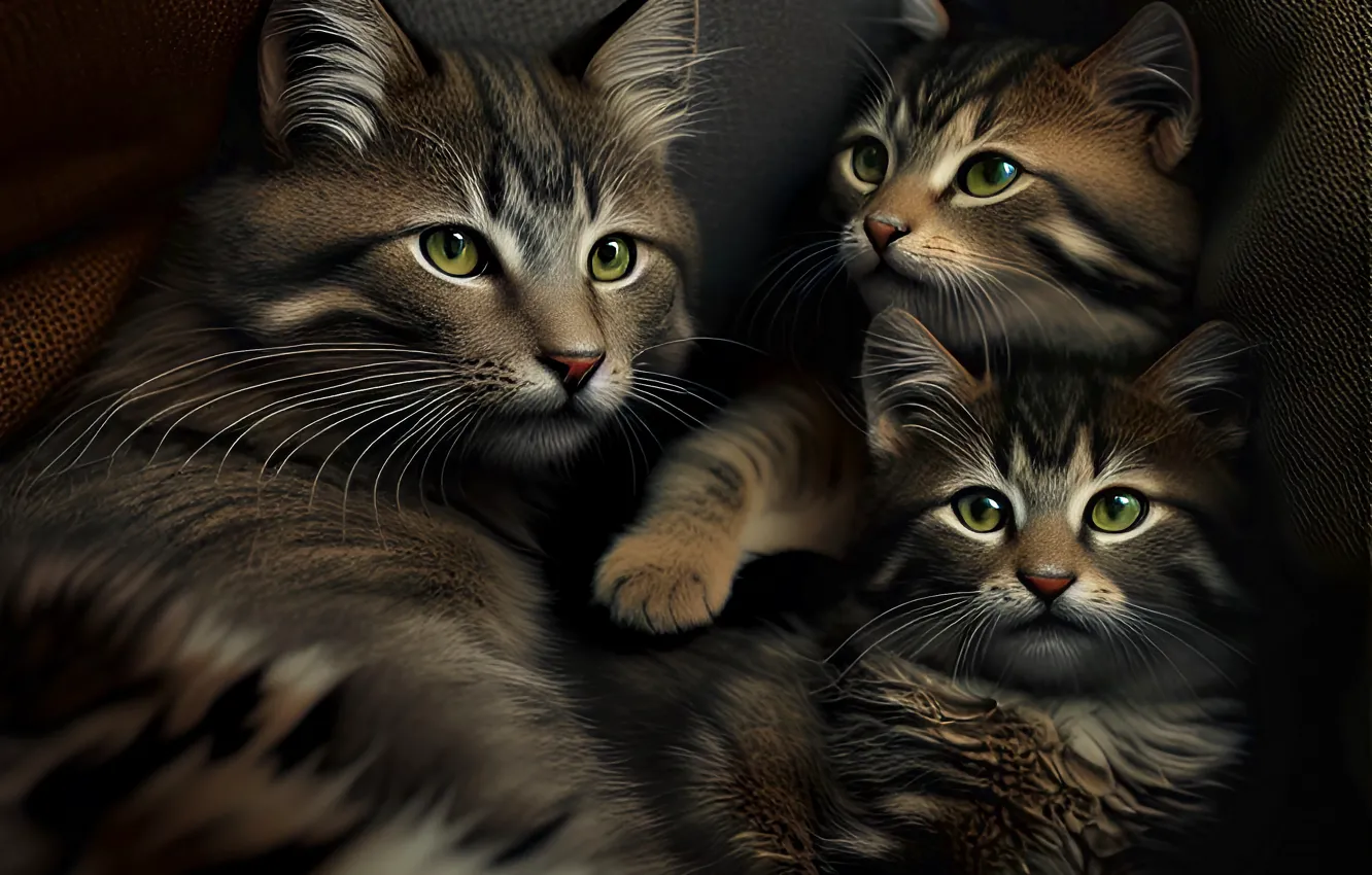 Фото обои кошка, кошки, уют, портрет, арт, котята, малыши, трио