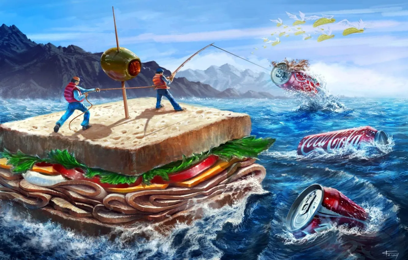 Фото обои море, люди, кукуруза, оливка, рыбаки, бутерброд, coca-cola, кока-кола