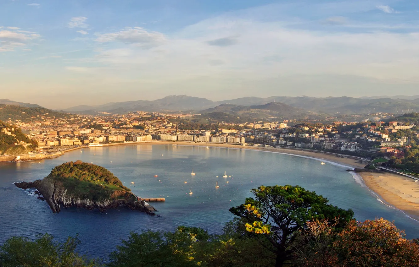 Фото обои море, город, залив, Испания, panorama, Spain, bay, San Sebastian