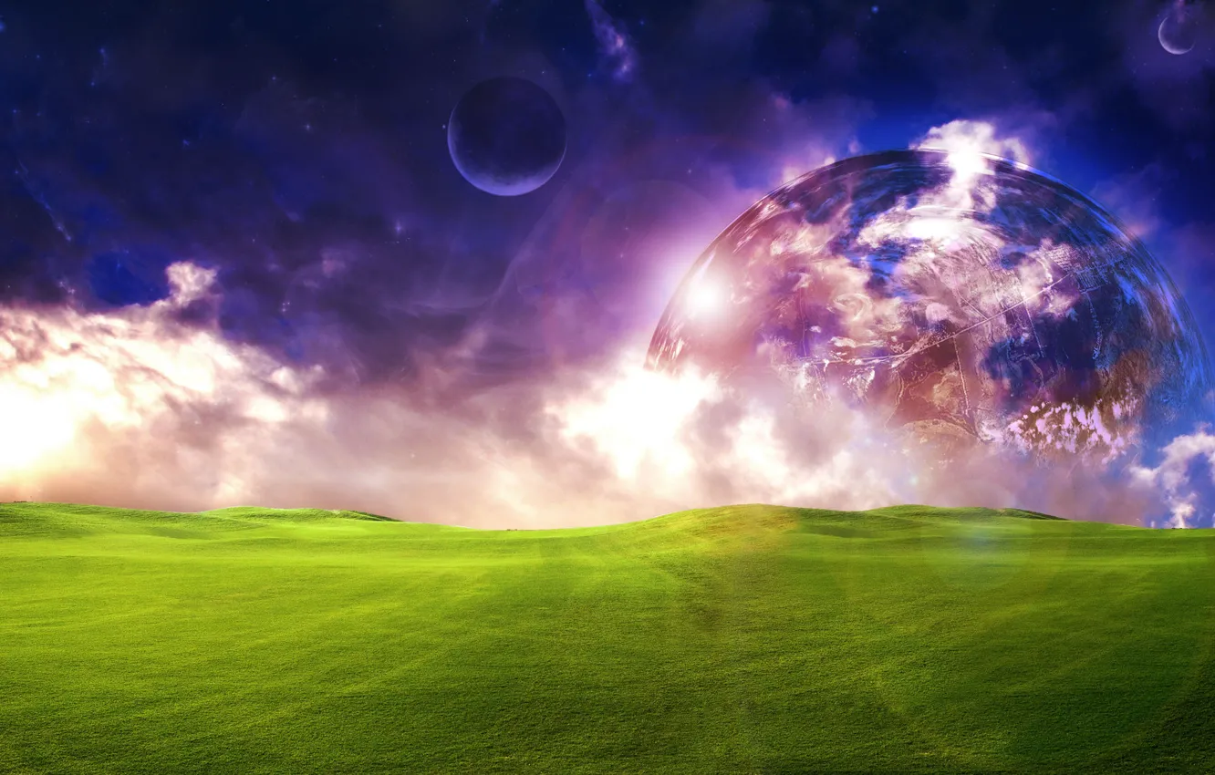 Фото обои поле, небо, трава, космос, облака, свет, фантастика, луна