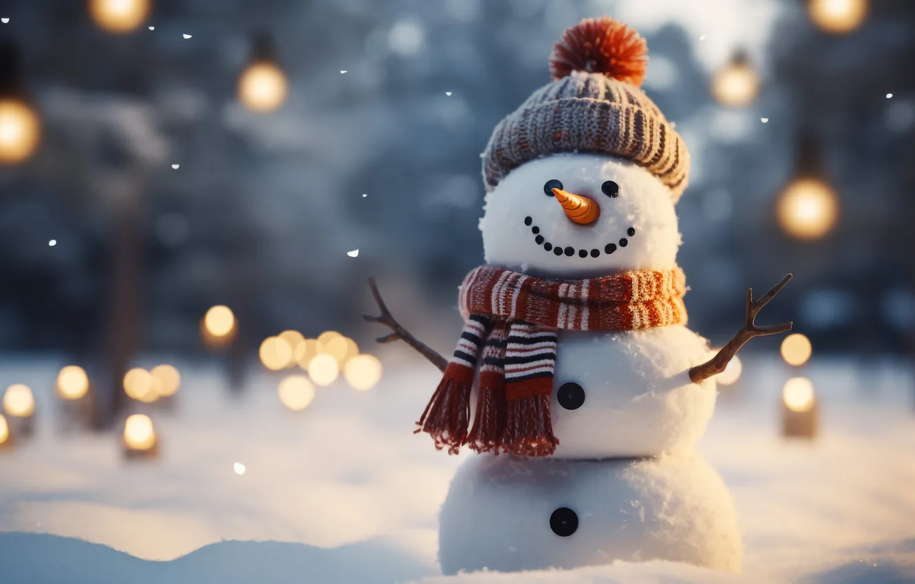 Фото обои зима, снег, Рождество, Новый год, снеговик, Christmas, winter, snow
