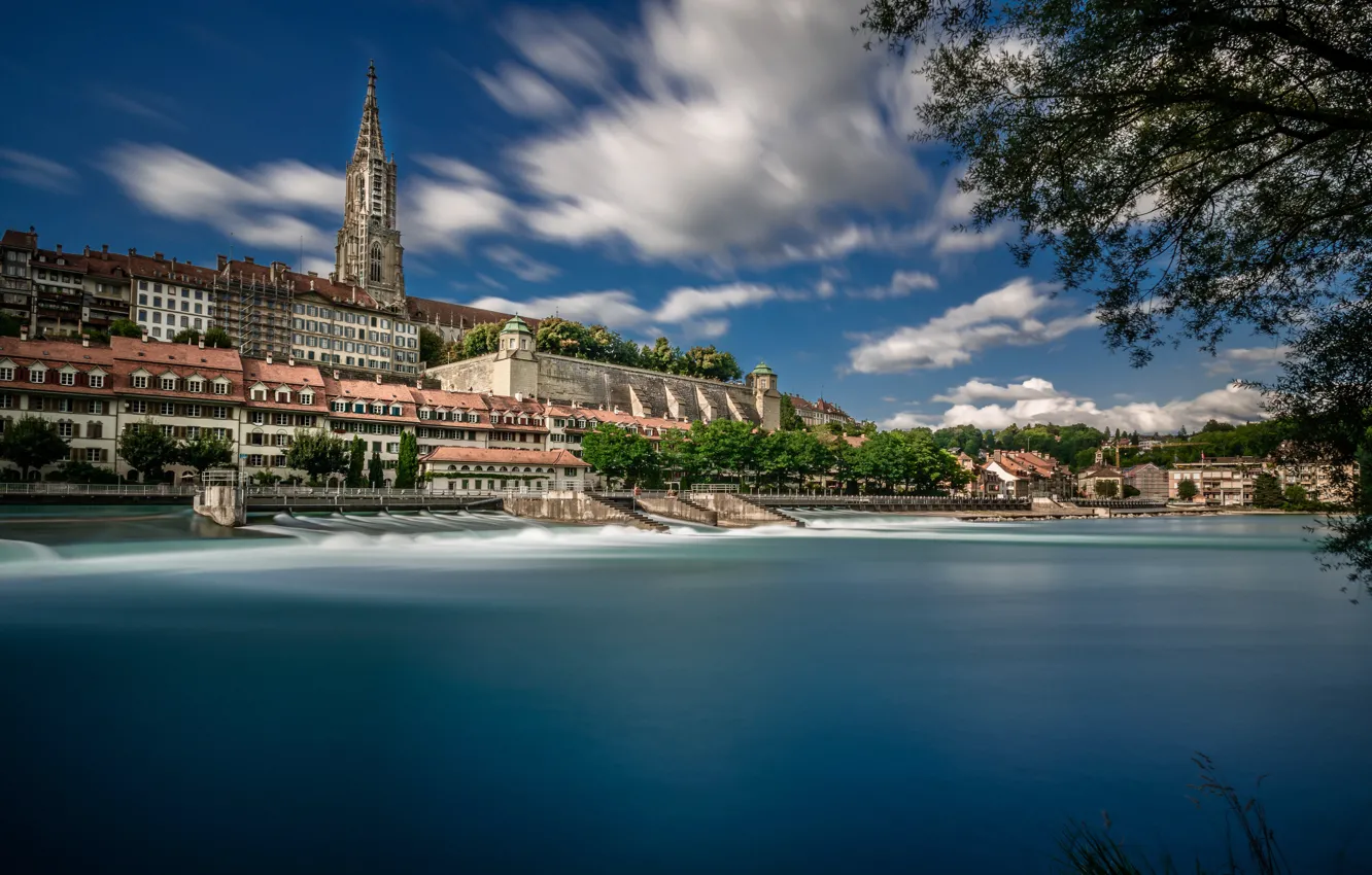 Фото обои река, здания, башня, Швейцария, Switzerland, Берн, Bern, Aare River