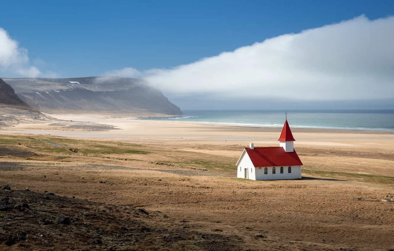 Фото обои море, пейзаж, горы, храм, Исландия
