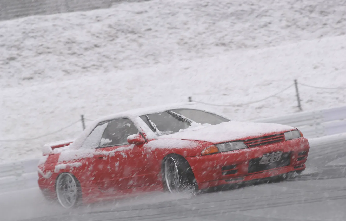 Фото обои снег, nissan, дрифт, R32, skyline