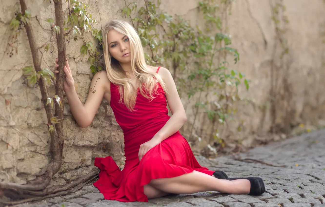 Фото обои поза, настроение, блондинка, красное платье, мостовая, Robert Chrenka