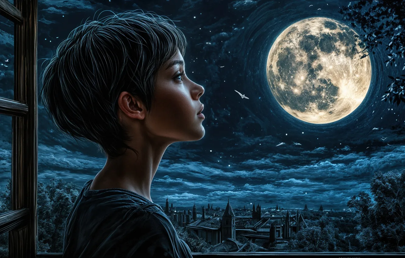 Фото обои мечты, ночь, город, луна, digital art, негритянка, цифровое искусство, короткая прическа