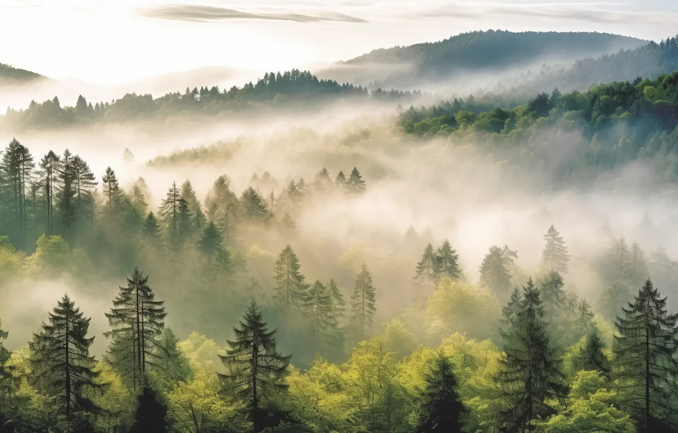 Фото обои forest, trees, landscape, nature, art, mist, national park