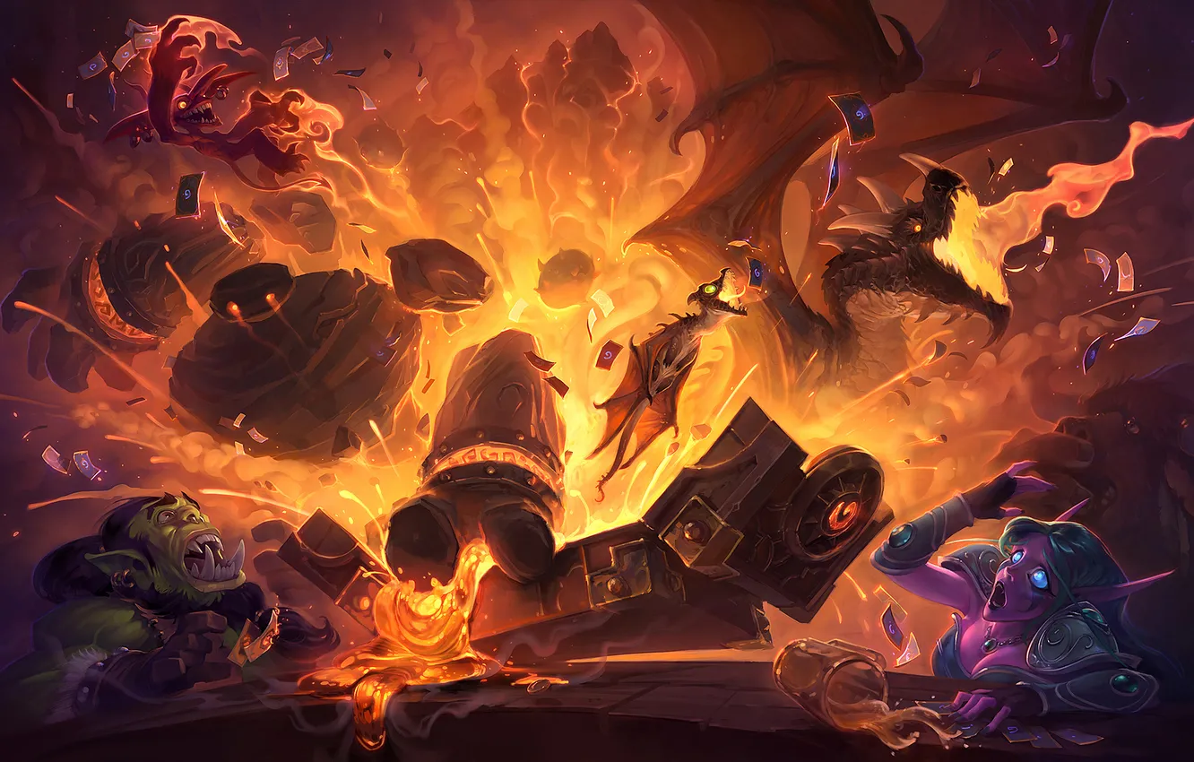 Фото обои взрыв, огонь, дракон, эльф, орк, hearthstone, Hearthstone: Heroes of Warcraft, blackrock mountain