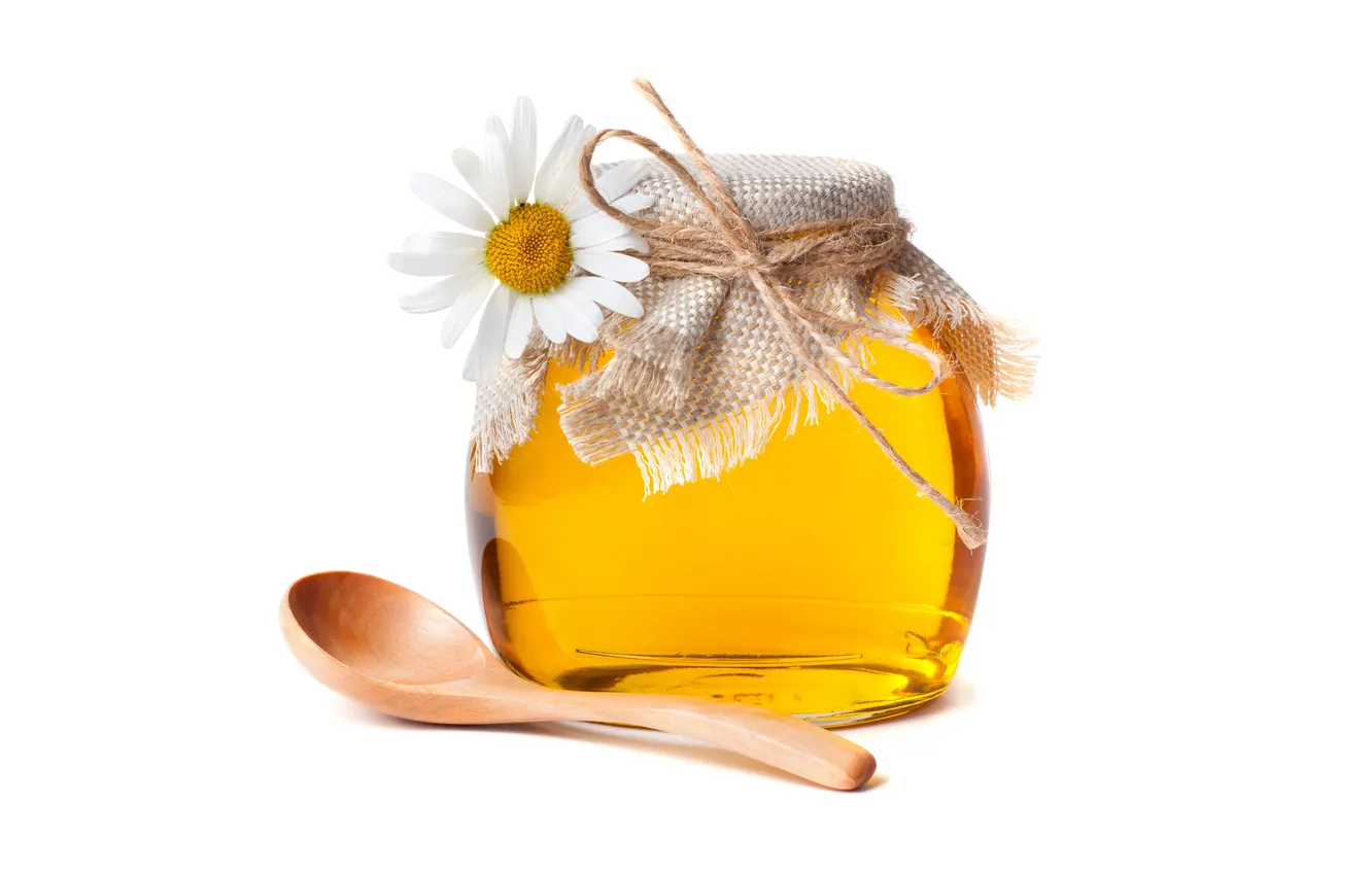 Фото обои цветок, ромашка, ложка, сладко, honey, мёд, баночка