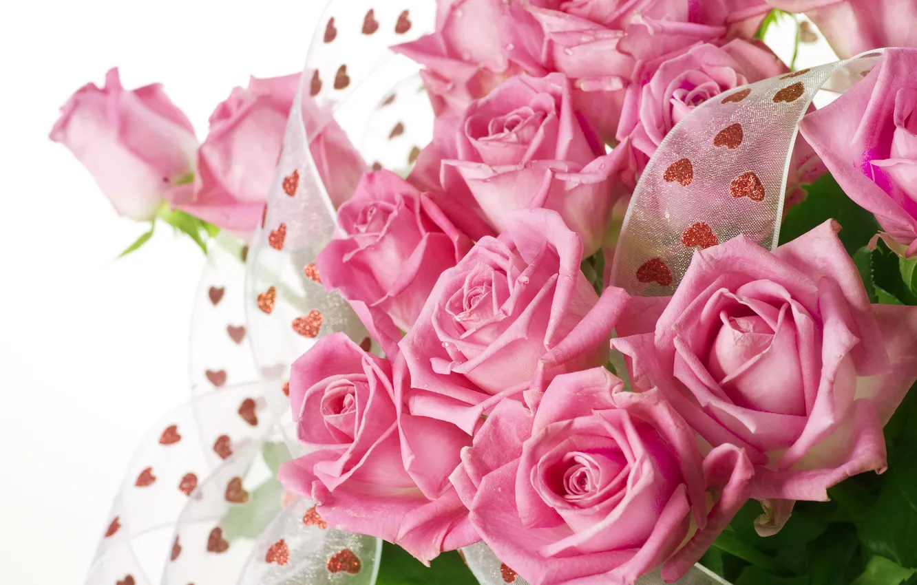 Фото обои розы, лепестки, сердечки, розовые, бутоны, тесьма