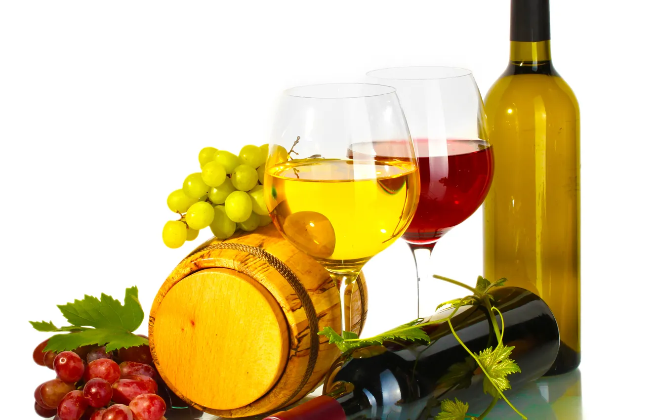 Фото обои вино, красное, белое, бокалы, бутылки, бочонок, лоза. виноград