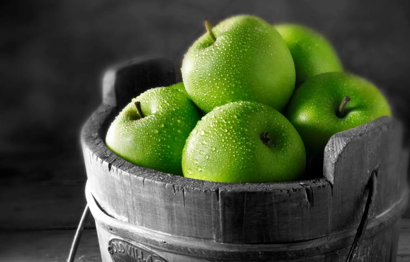 Фото обои капли, макро, фото, яблоки, зеленые, фрукты, картинка, витамины