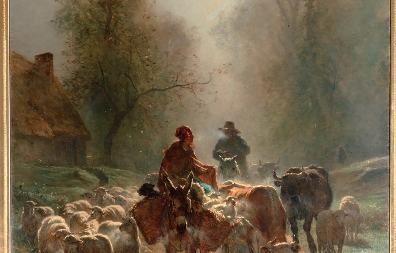 Фото обои овцы, коровы, на пути к рынку, the way to the market, Constant Troyon, Констан Тройон