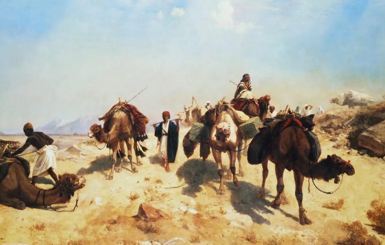 Фото обои пейзаж, картина, верблюд, Жан-Леон Жером, Караван в Пустыне
