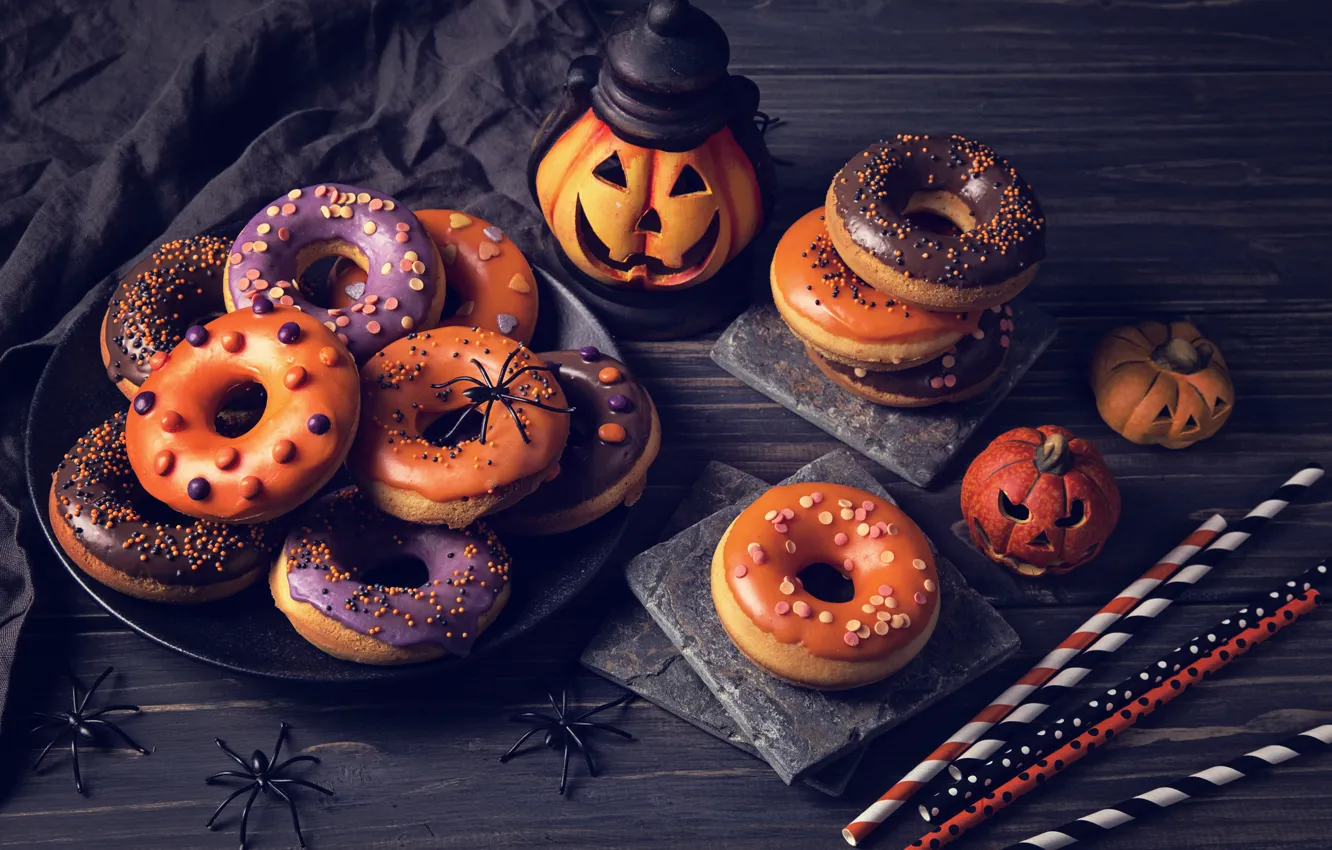 Фото обои паук, Halloween, тыква, Хэллоуин, пончики, выпечка, сладкое, sweet