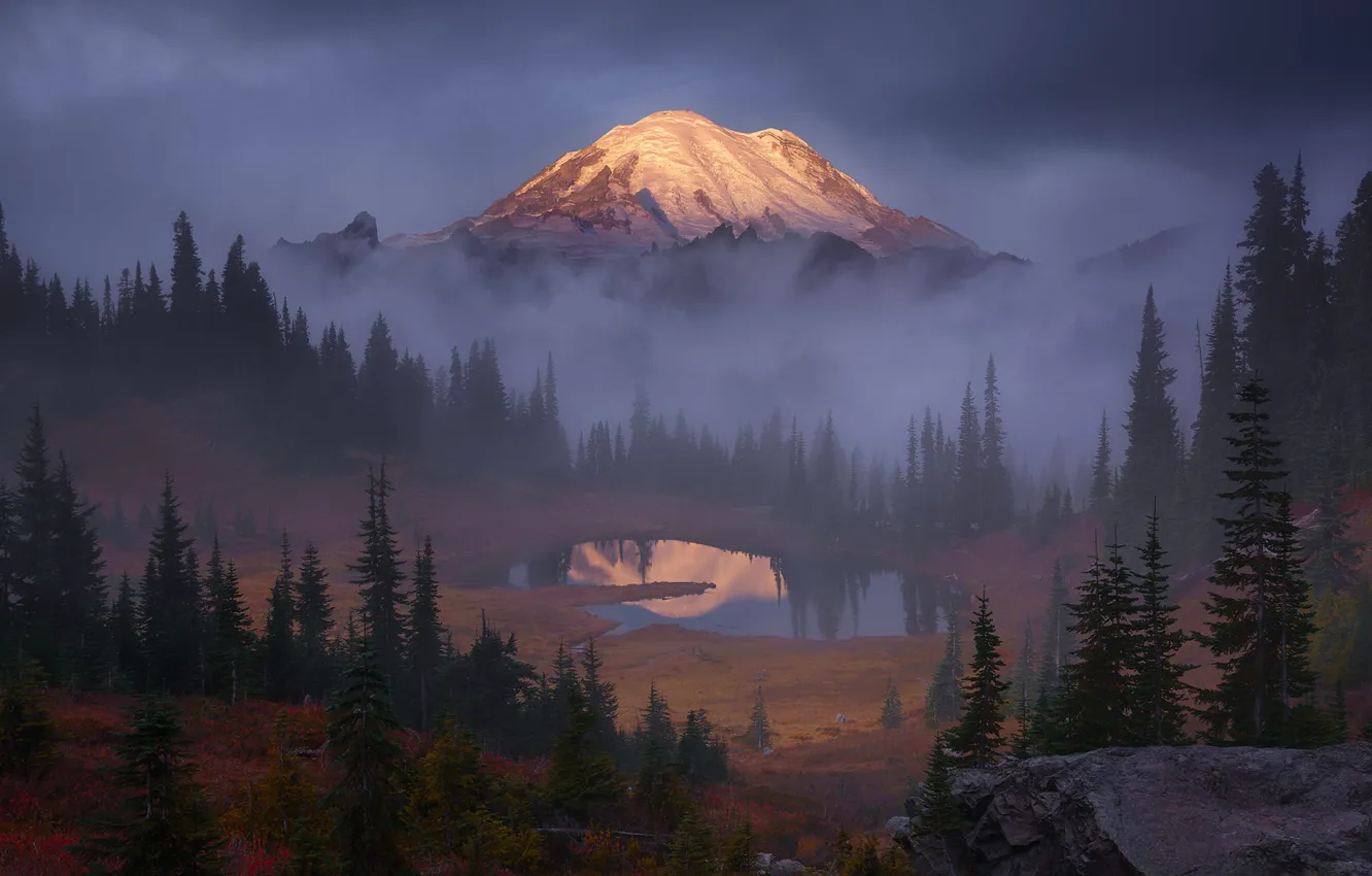 Фото обои небо, снег, деревья, горы, природа, туман, озеро, скалы