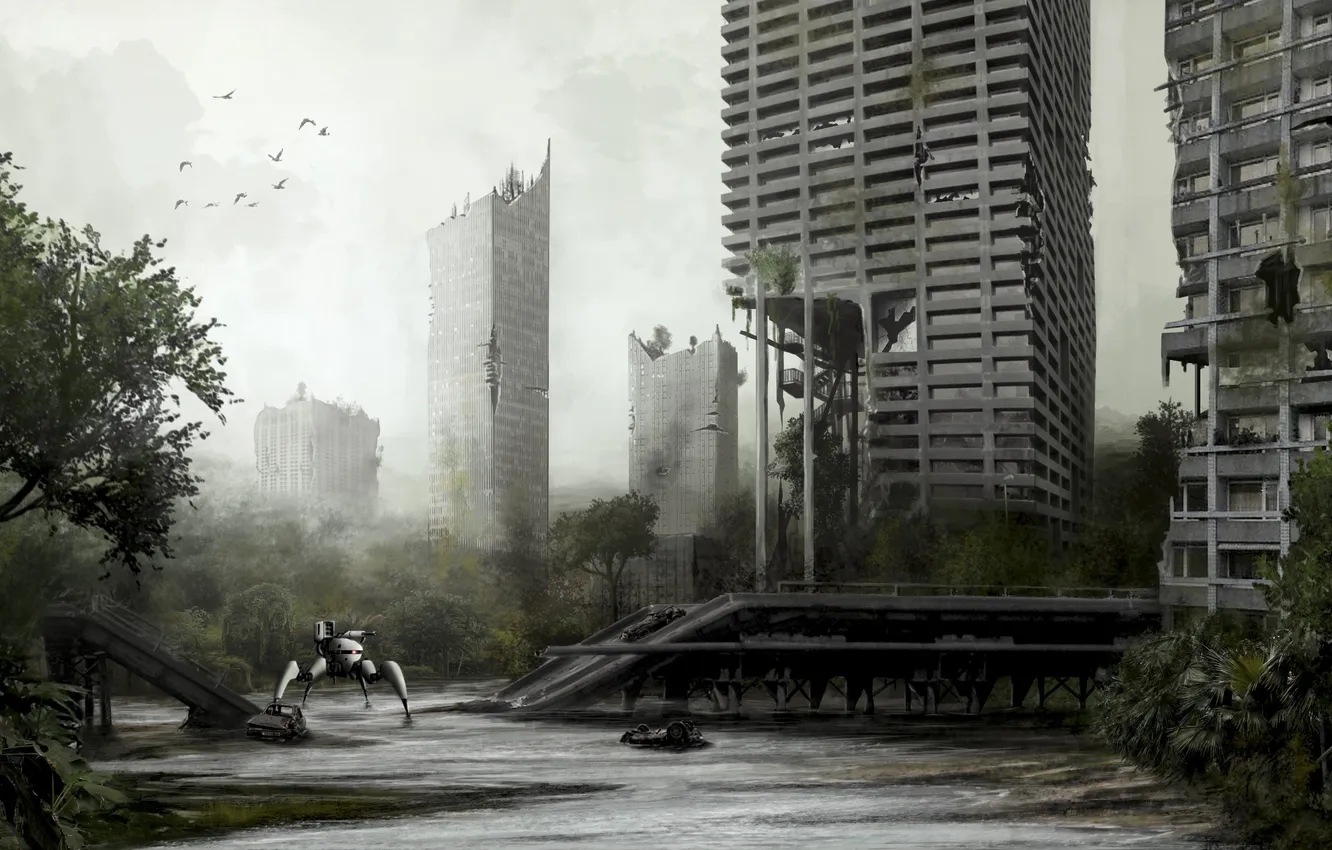Фото обои деревья, город, болото, робот, постапокалипсис, war, пустош