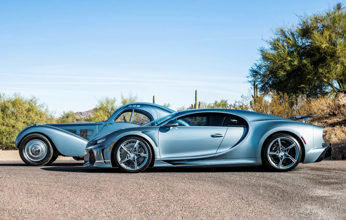 Фото обои Bugatti, side view, Chiron, Bugatti Type 57SC Atlantic, Type 57, Bugatti Chiron Super Sport "57 …