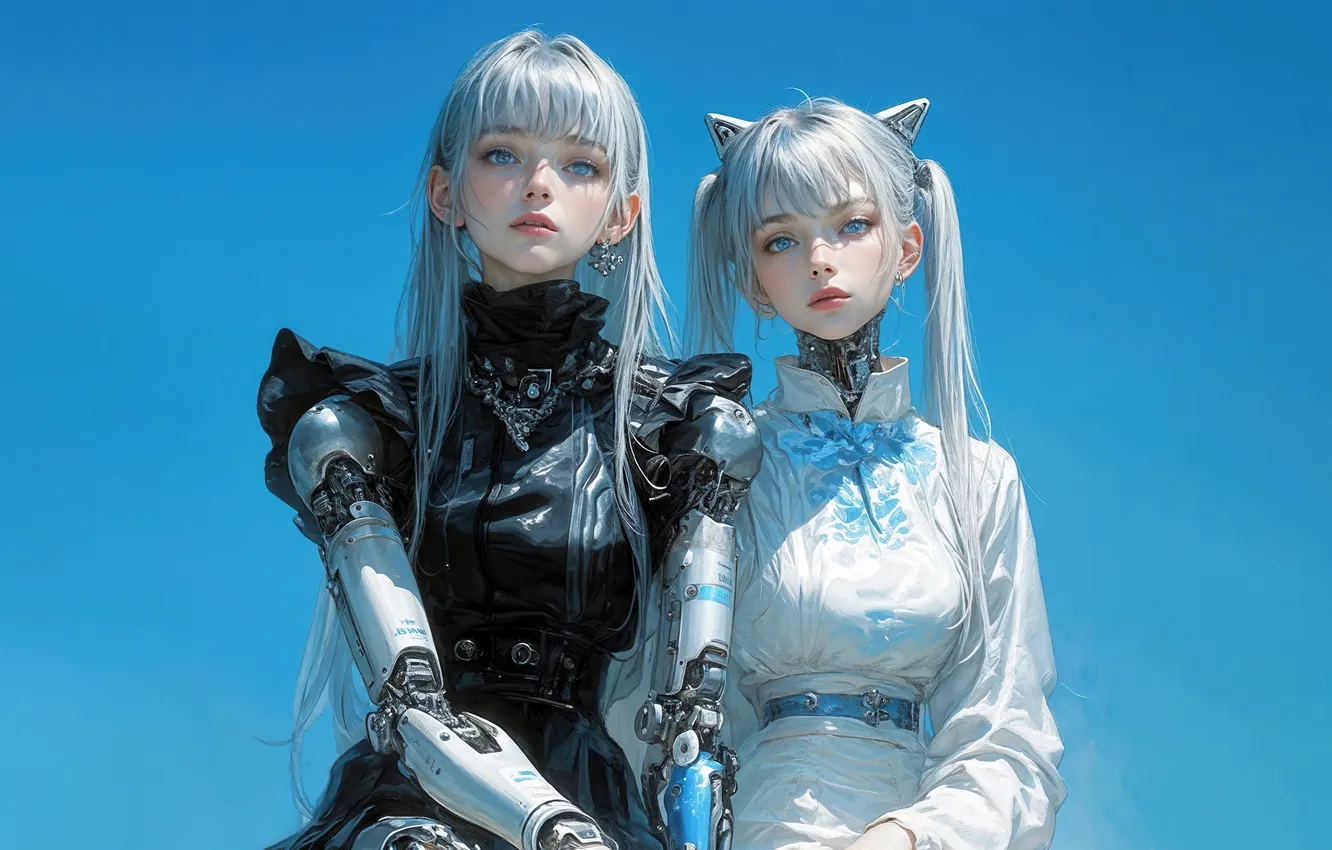 Фото обои girls, anime, sci-fi, cyberpunk, white hair