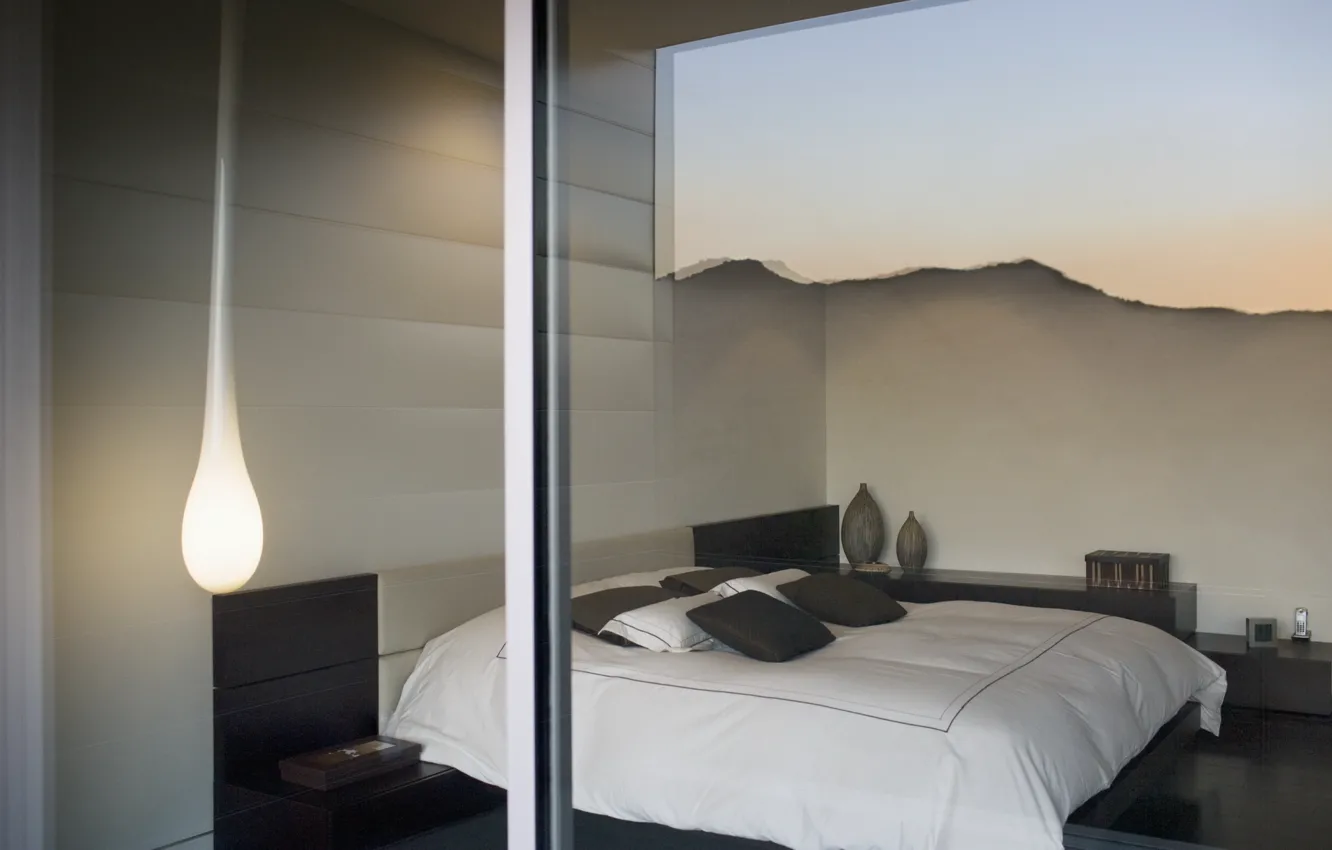Фото обои стекло, дизайн, отражение, комната, лампа, кровать, интерьер, окно