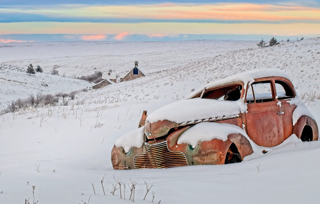 Фото обои зима, машина, снег, лом