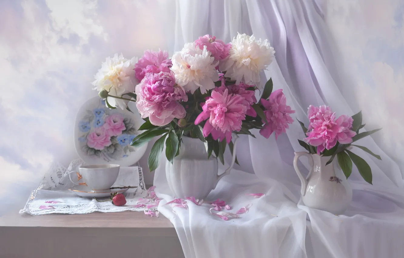 Фото обои цветы, чашка, натюрморт, пионы, ткани, кувшины, драпировка, Валентина Колова
