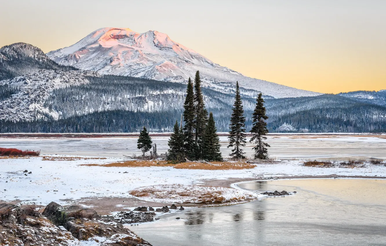 Фото обои зима, снег, деревья, горы, природа, река, США